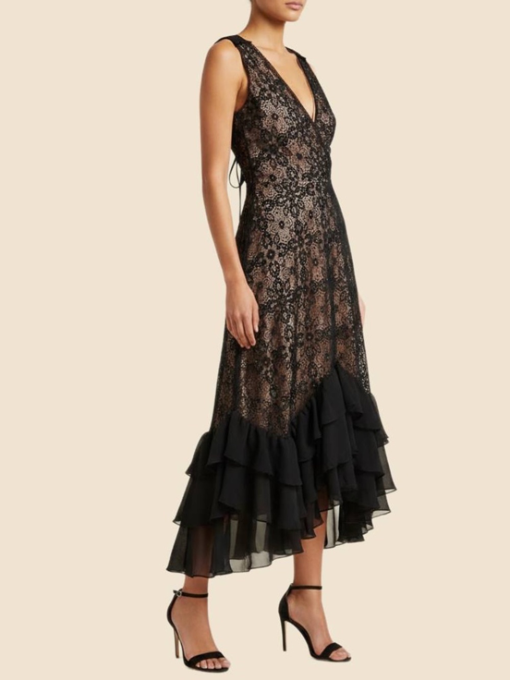 Sundance Crochet & Lace Midi Dress Black Graduated Ruffled Hem NWT, PM